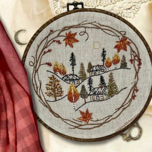 Autumn Cabin village Embroidery Pattern PDF Download