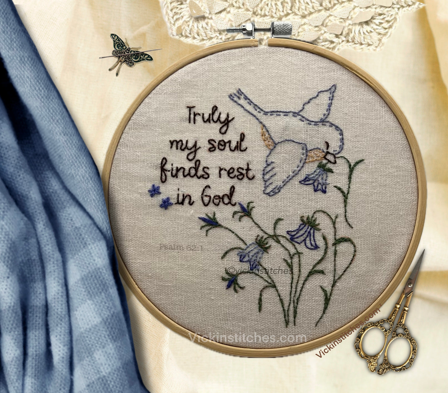 Christian Embroidery Pattern PDF – Psalm 62:1 Bird & Wildflower Design, Faith Hand Stitching, DIY Bible Verse Wall Art, Instant Download
