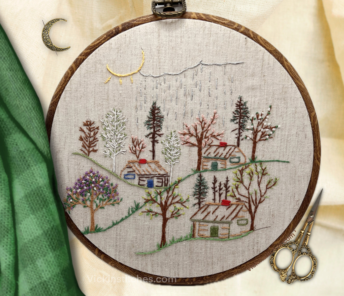 8" Spring Cabin in the Woods Forest Embroidery Kit Cherry blossom Lilac