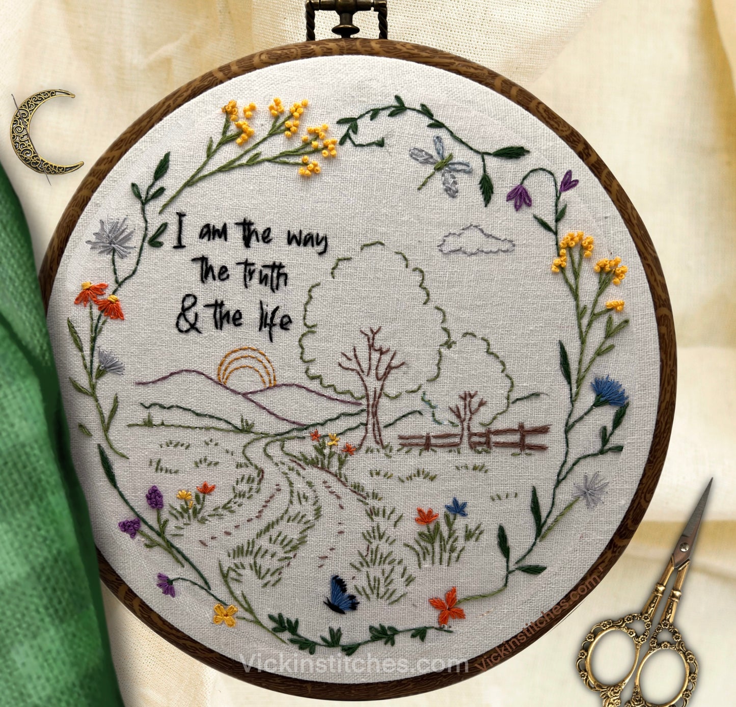 I Am the Way” Embroidery Kit – Scenic Scripture Garden Path Design – Hand Embroidery Pattern with Floral Border & Bible Quote DIY Wall Art