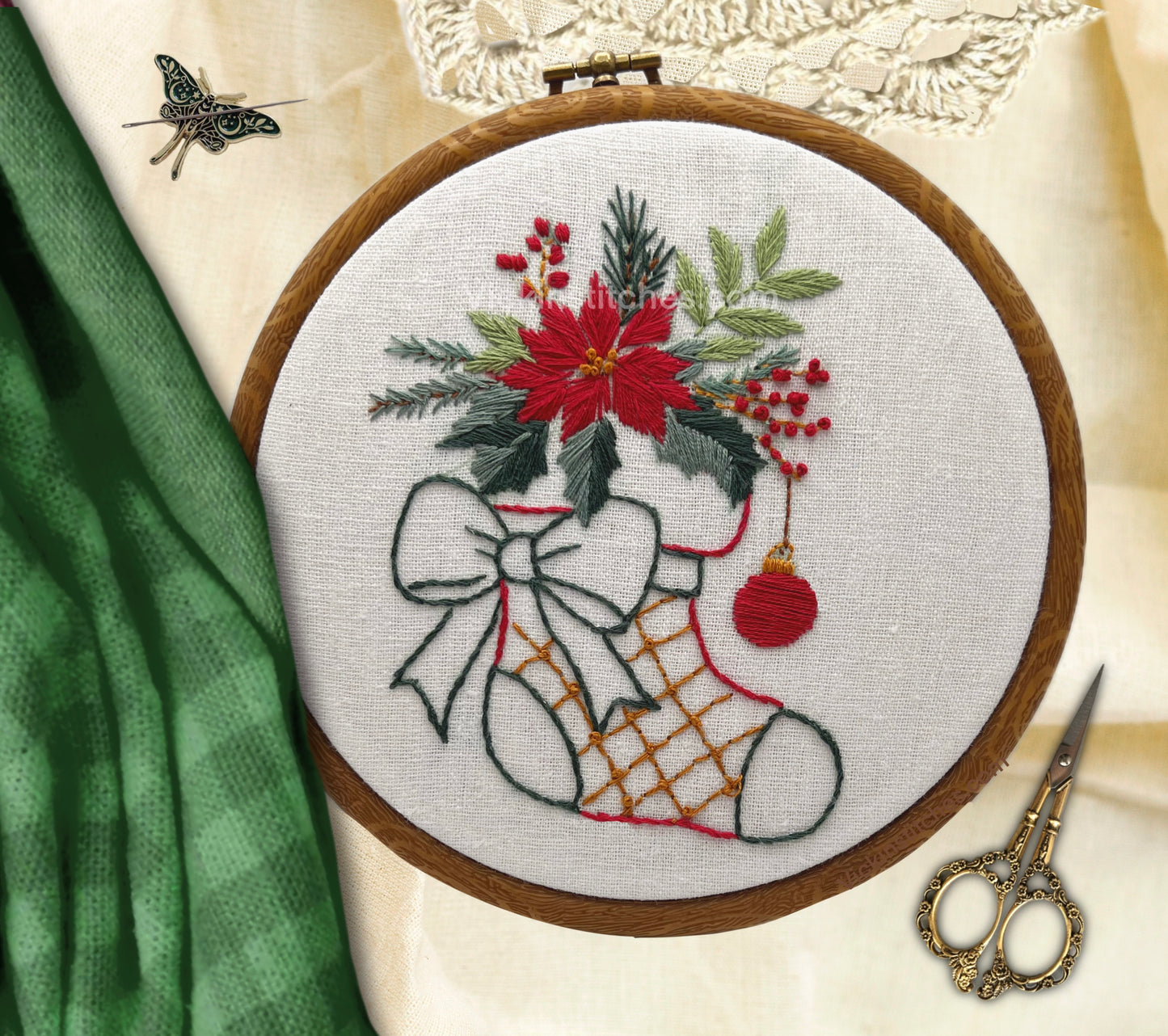 Christmas Embroidery kit. Christmas flowers, poinsettia. Holiday stocking