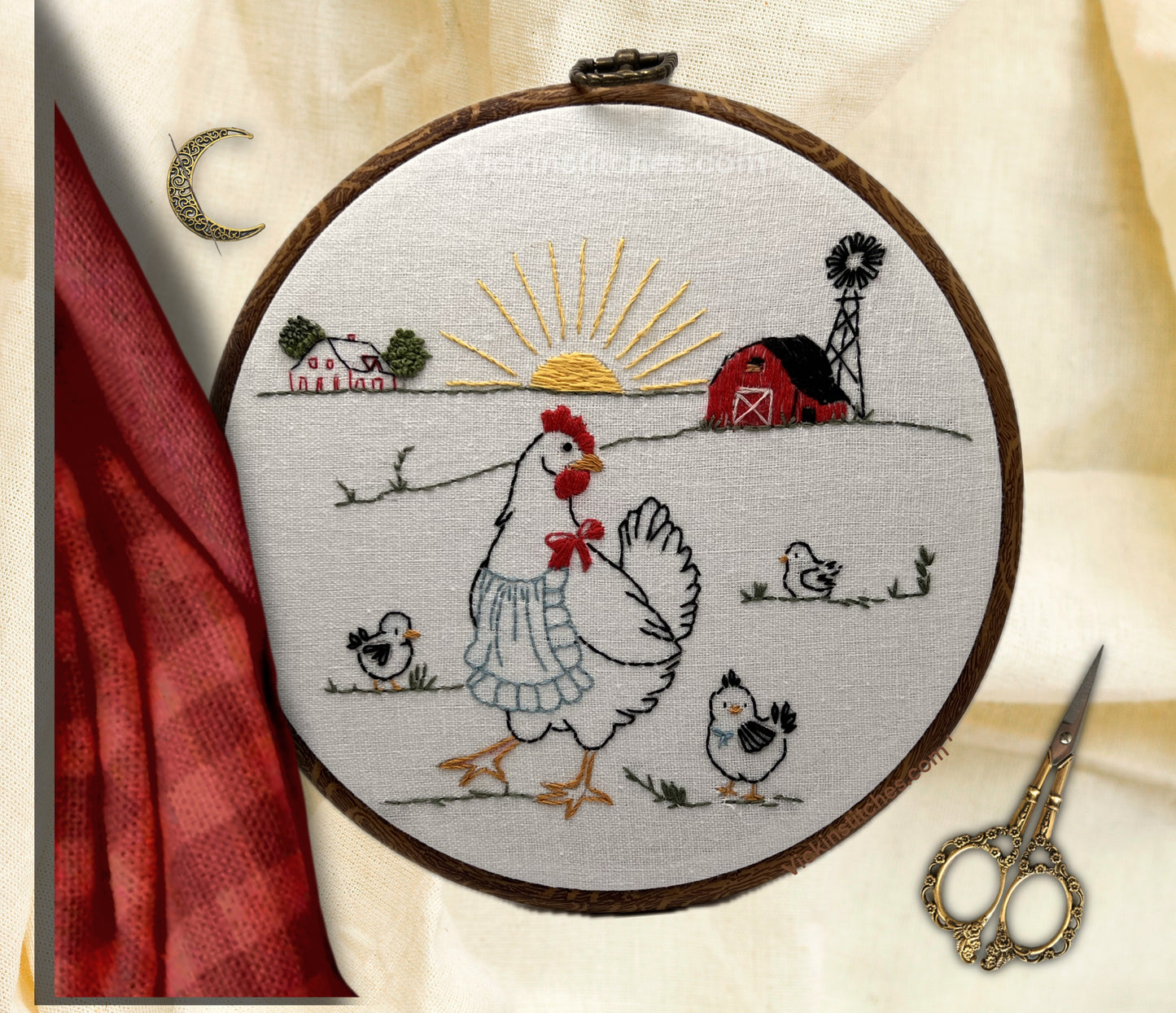 Farmyard chicken Sunrise Embroidery Kit – Hen & Chickens with Barn, Windmill, and Countryside Scene for beginners