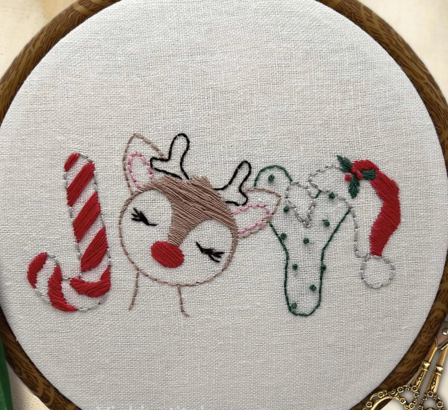 Joy holiday Christmas embroidery kit. Reindeer Santa hat needlepoint diy stitch kit 6” beginner kit wall decor. rudolph