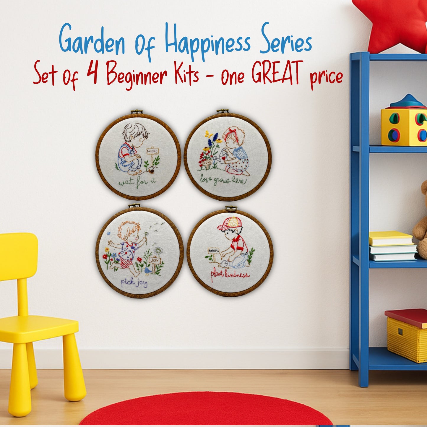 Embroidery Kids in the Garden, Childs room decor Embroidery Kit - Four kits in one . Baby shower , Childs birthday gift. Primary decor