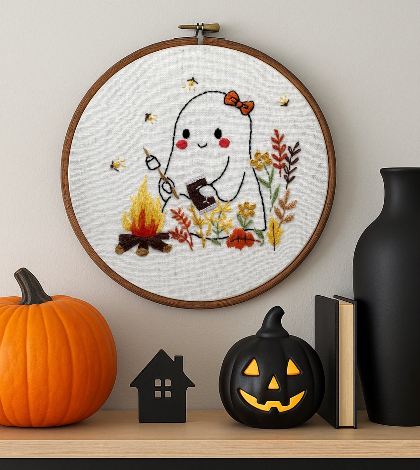 Halloween Ghost Smores Campfire Embroidery Hoop – Cute Fall Stitch Kit Beginner-Friendly Harvest Hoop Art Decor Autumn Fall easy embroidery