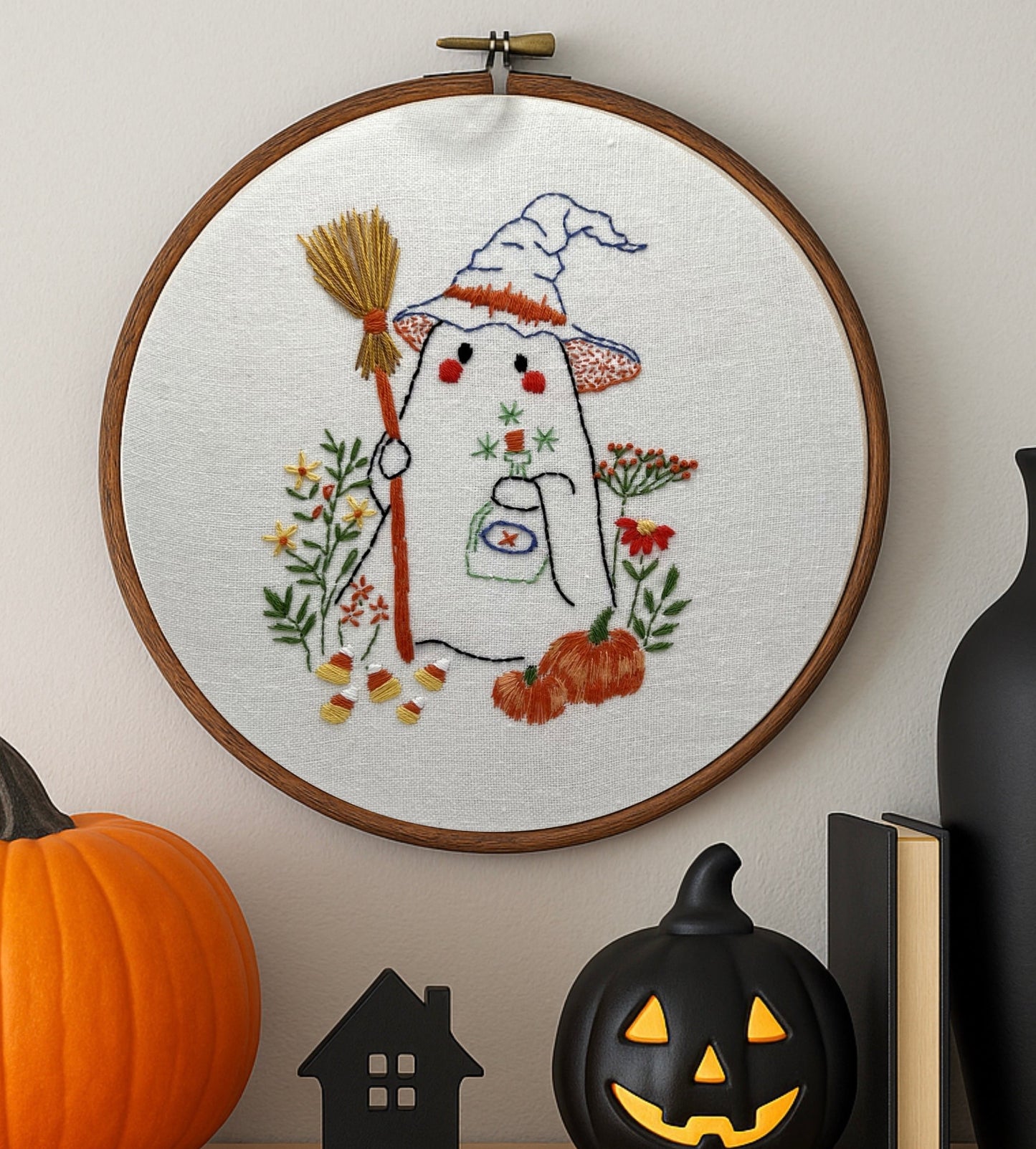 Halloween Embroidery Hoop –Cute Ghost & Pumpkin DIY Harvest Hoop Art – Beginner-Friendly Fall Stitch Kit , Autumn fall easy learn embroidery
