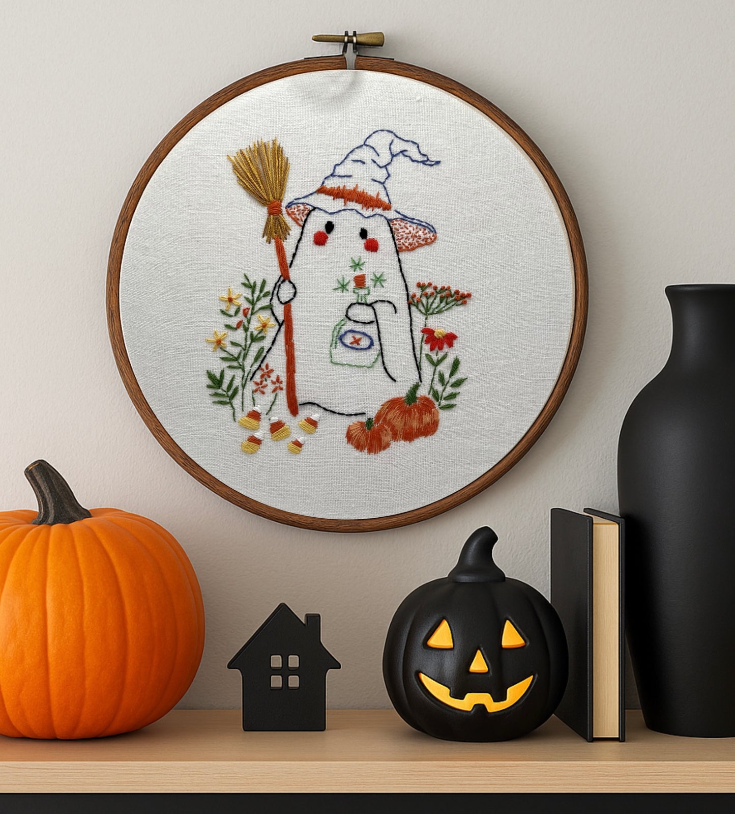 Halloween Embroidery Hoop –Cute Ghost & Pumpkin DIY Harvest Hoop Art – Beginner-Friendly Fall Stitch Kit , Autumn fall easy learn embroidery