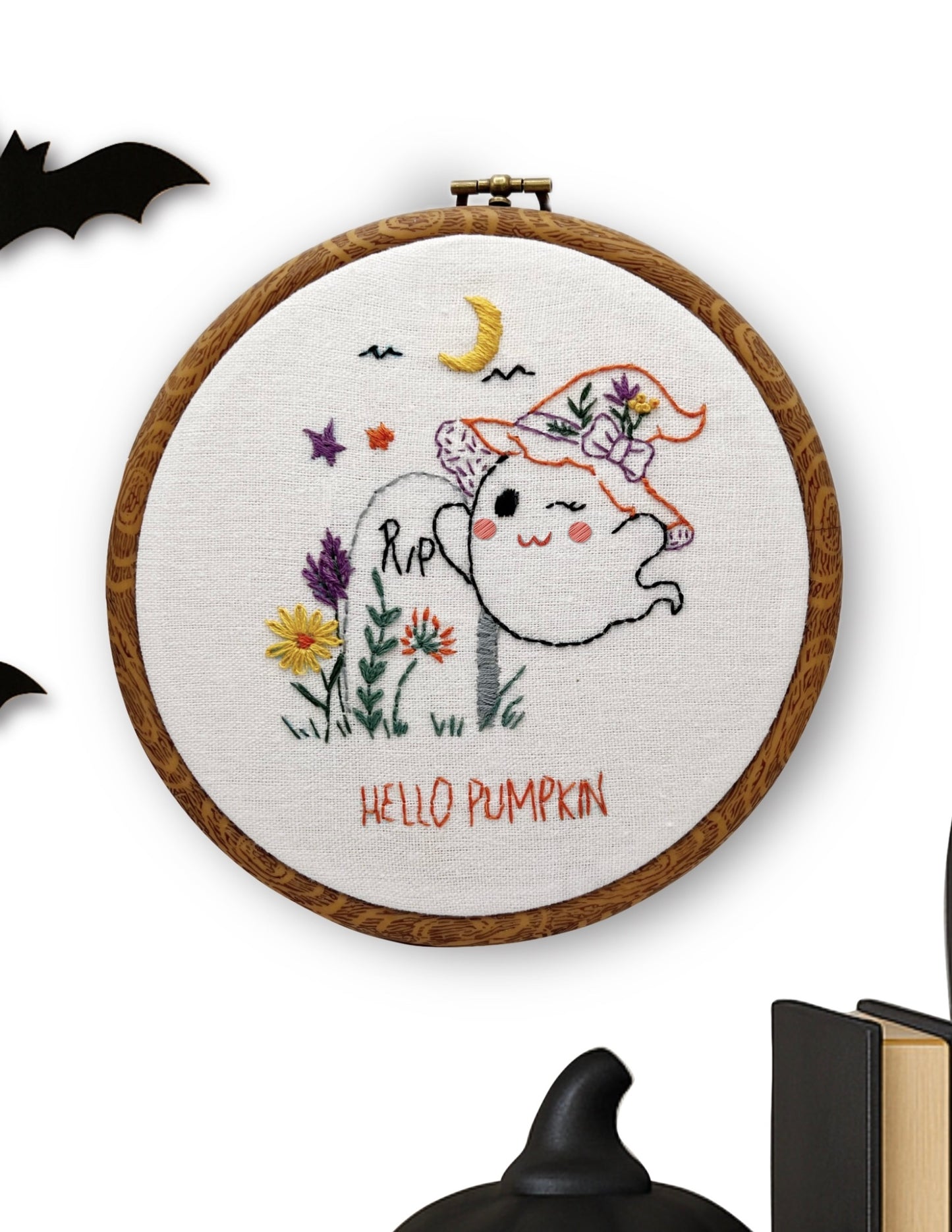 Hello Pumpkin Halloween Embroidery Pattern– 6” Ghost Witch Hat DIY Fall Craft | Beginner Friendly Modern Hand Embroidery for October Decor