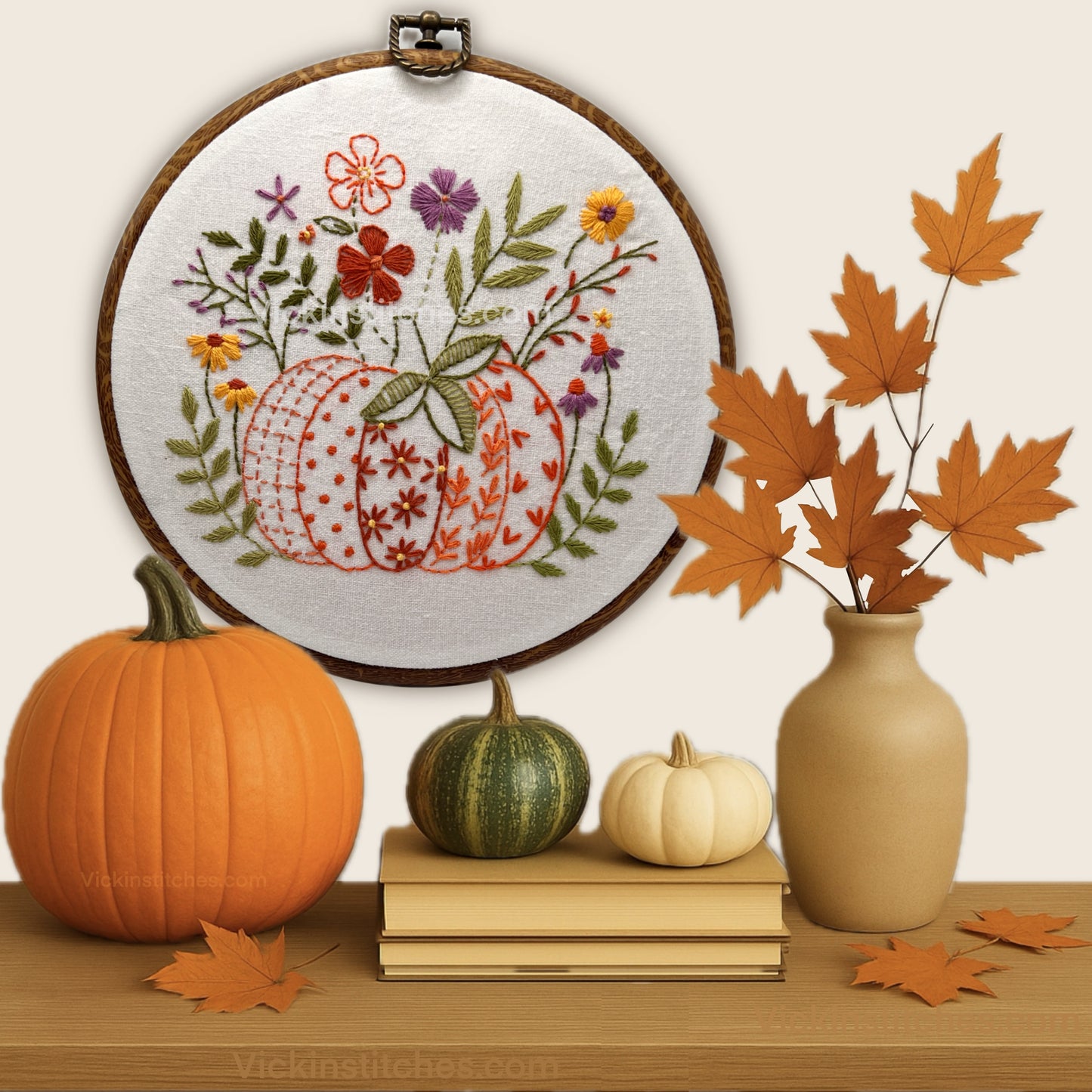 “Floral Pumpkin Embroidery Pattern PDF – 8” Autumn Hand Embroidery Pattern for Beginners | Cozy Fall Hoop Art DIY Craft”