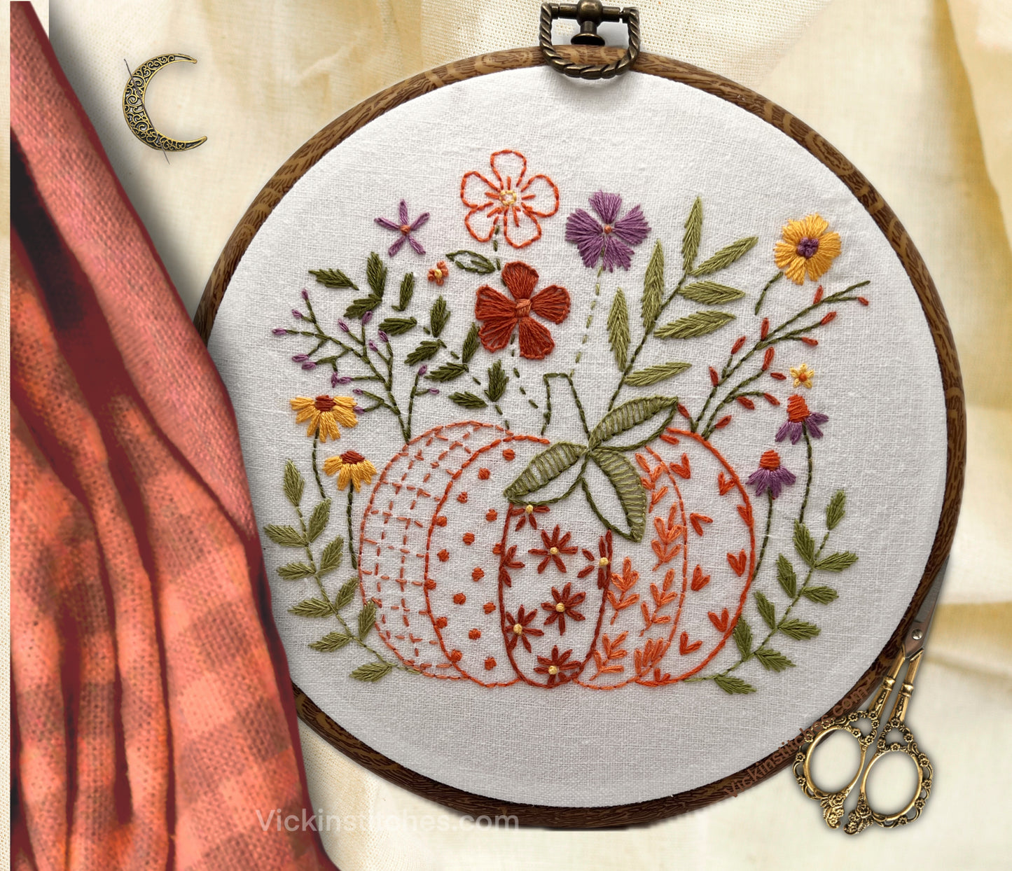 “Floral Pumpkin Embroidery Pattern PDF – 8” Autumn Hand Embroidery Pattern for Beginners | Cozy Fall Hoop Art DIY Craft”