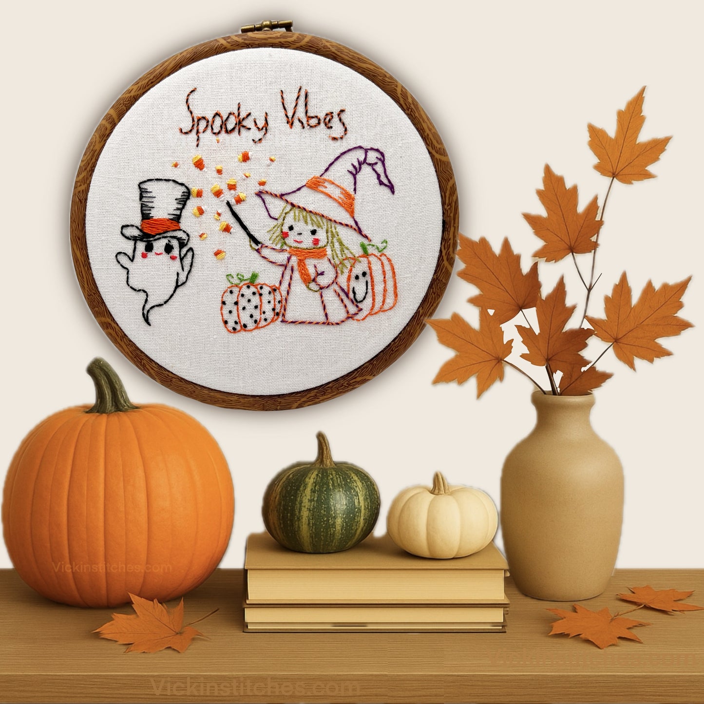“Spooky Vibes Halloween Witch & Ghost Embroidery Kit – Cute Fall Pumpkin Design”