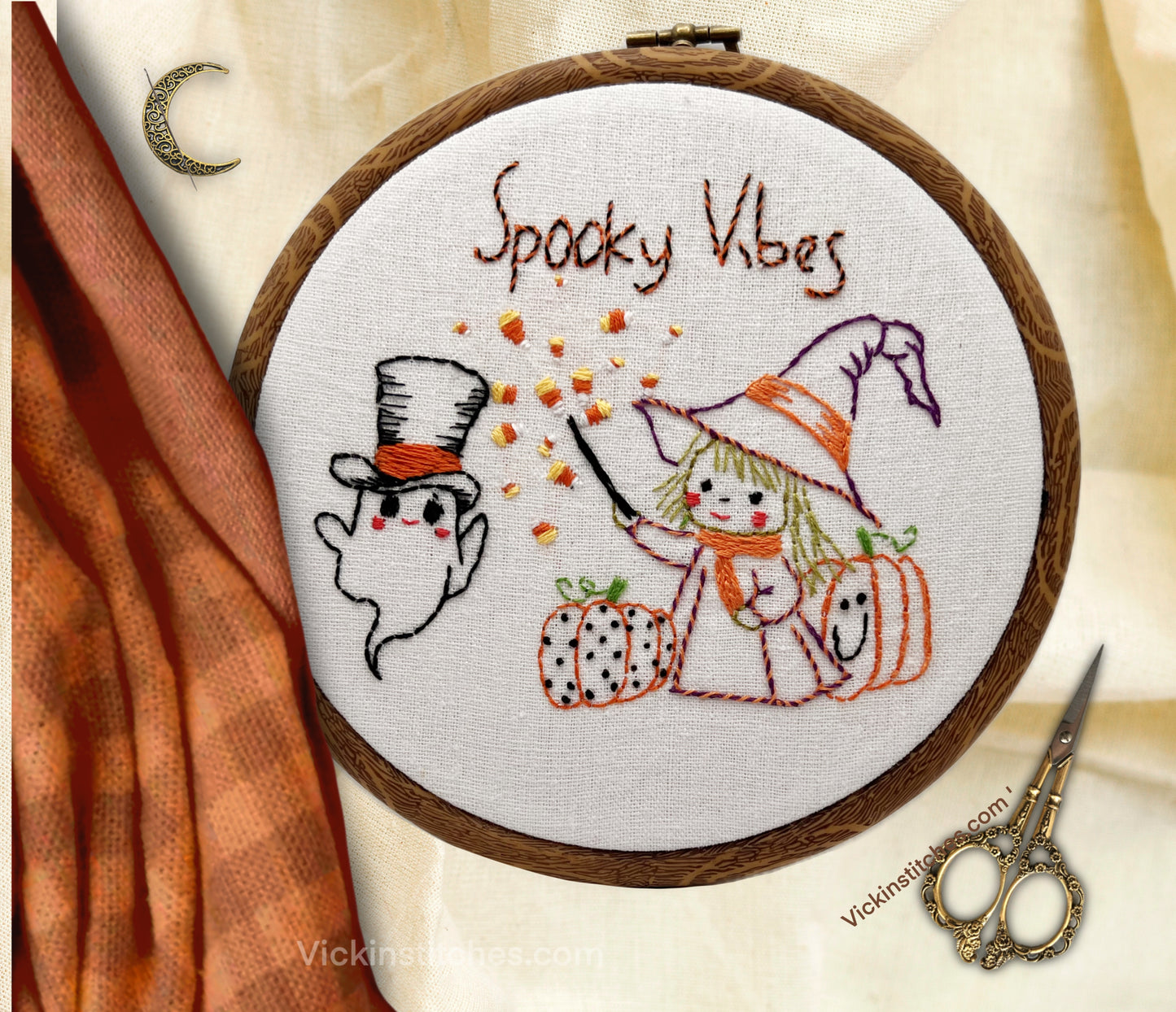 “Spooky Vibes Halloween Witch & Ghost Embroidery Kit – Cute Fall Pumpkin Design”