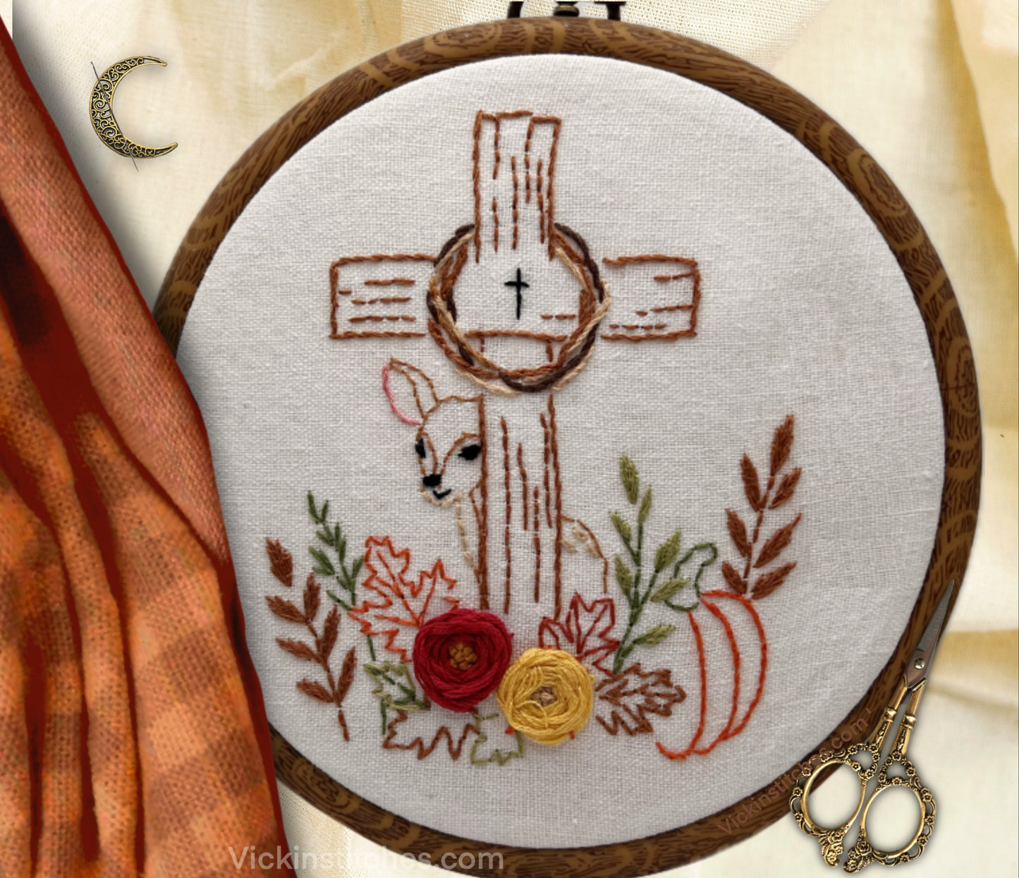 Fall Cross Embroidery Pattern PDF with Deer, Autumn Flowers & Pumpkin | Christian Hoop Art | 6” Hand Stitch beginner friendly for Autumn Decor