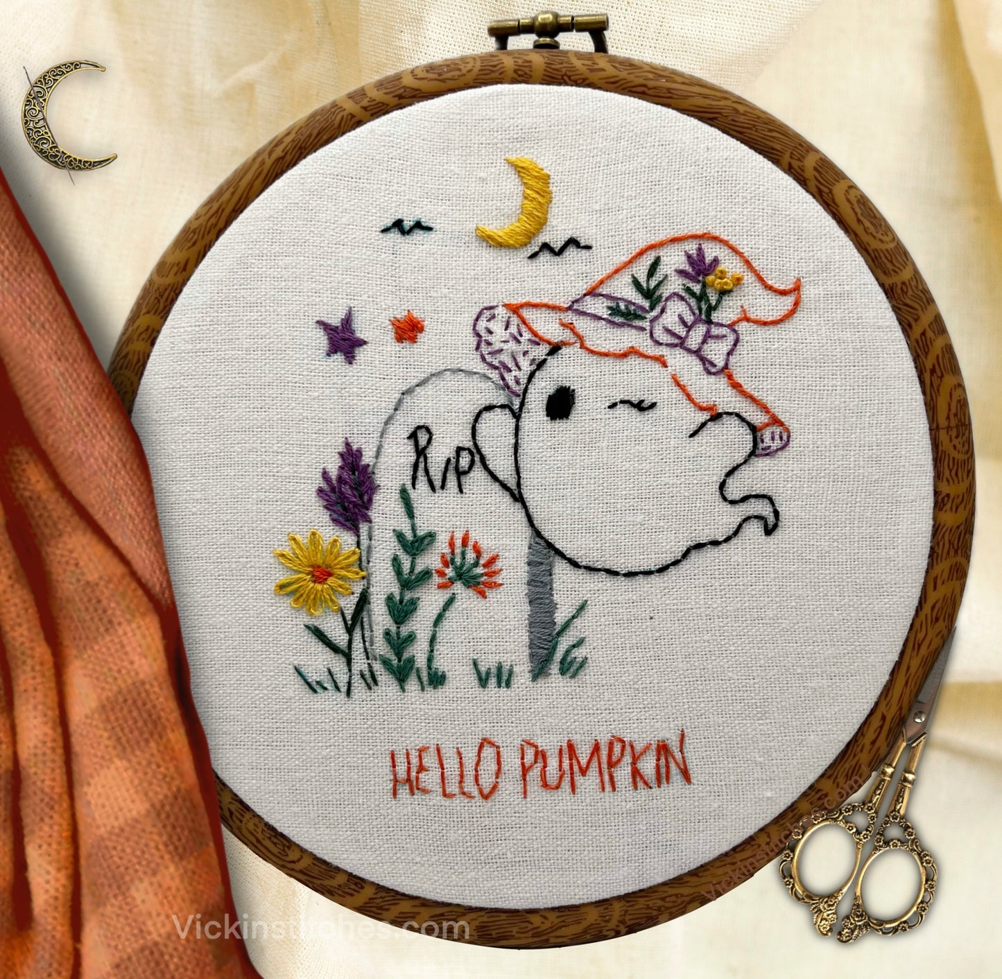 Hello Pumpkin Halloween Embroidery Pattern– 6” Ghost Witch Hat DIY Fall Craft | Beginner Friendly Modern Hand Embroidery for October Decor