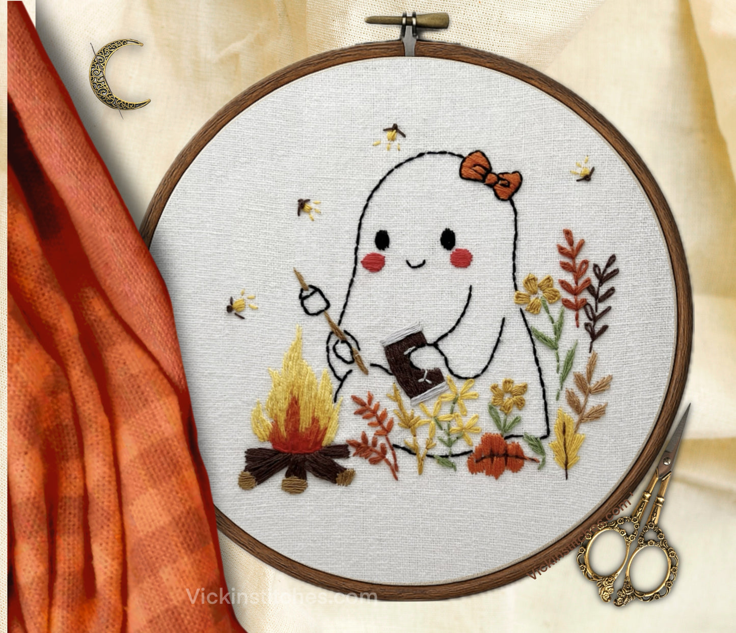 Halloween Ghost Smores Campfire Embroidery Hoop – Cute Fall Stitch Kit Beginner-Friendly Harvest Hoop Art Decor Autumn Fall easy embroidery