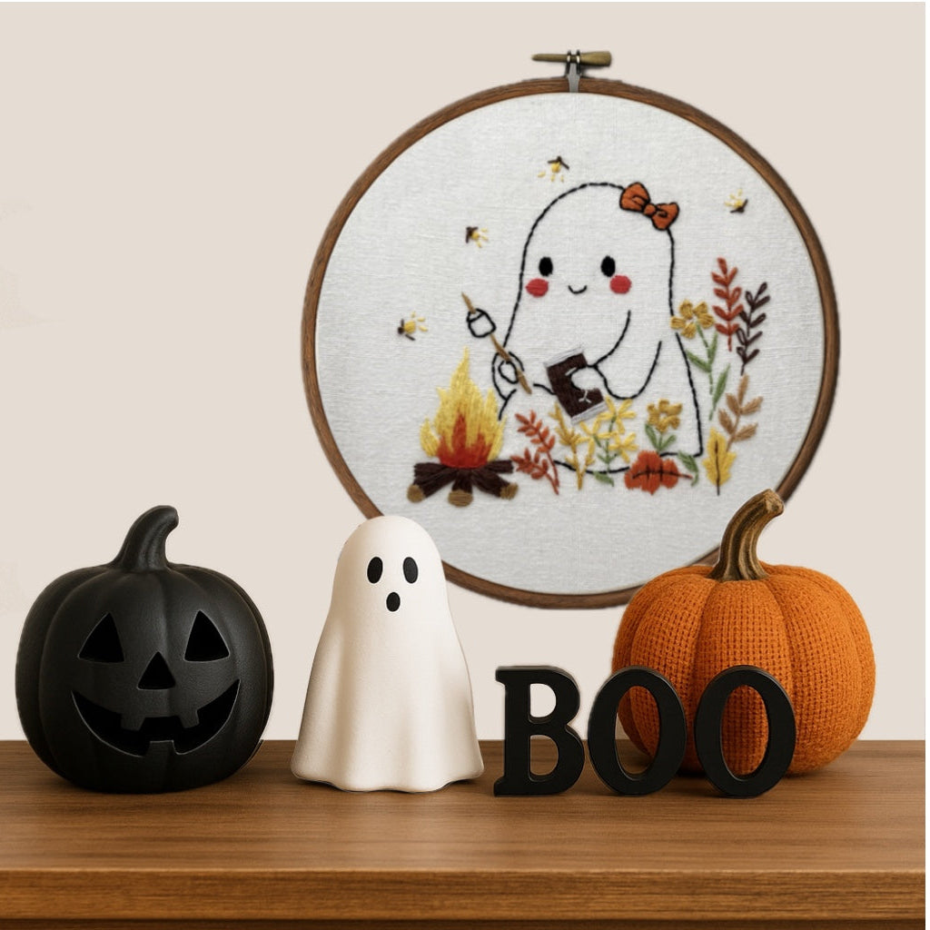 Halloween Ghost Smores Campfire Embroidery Hoop – Cute Fall Stitch Kit Beginner-Friendly Harvest Hoop Art Decor Autumn Fall easy embroidery