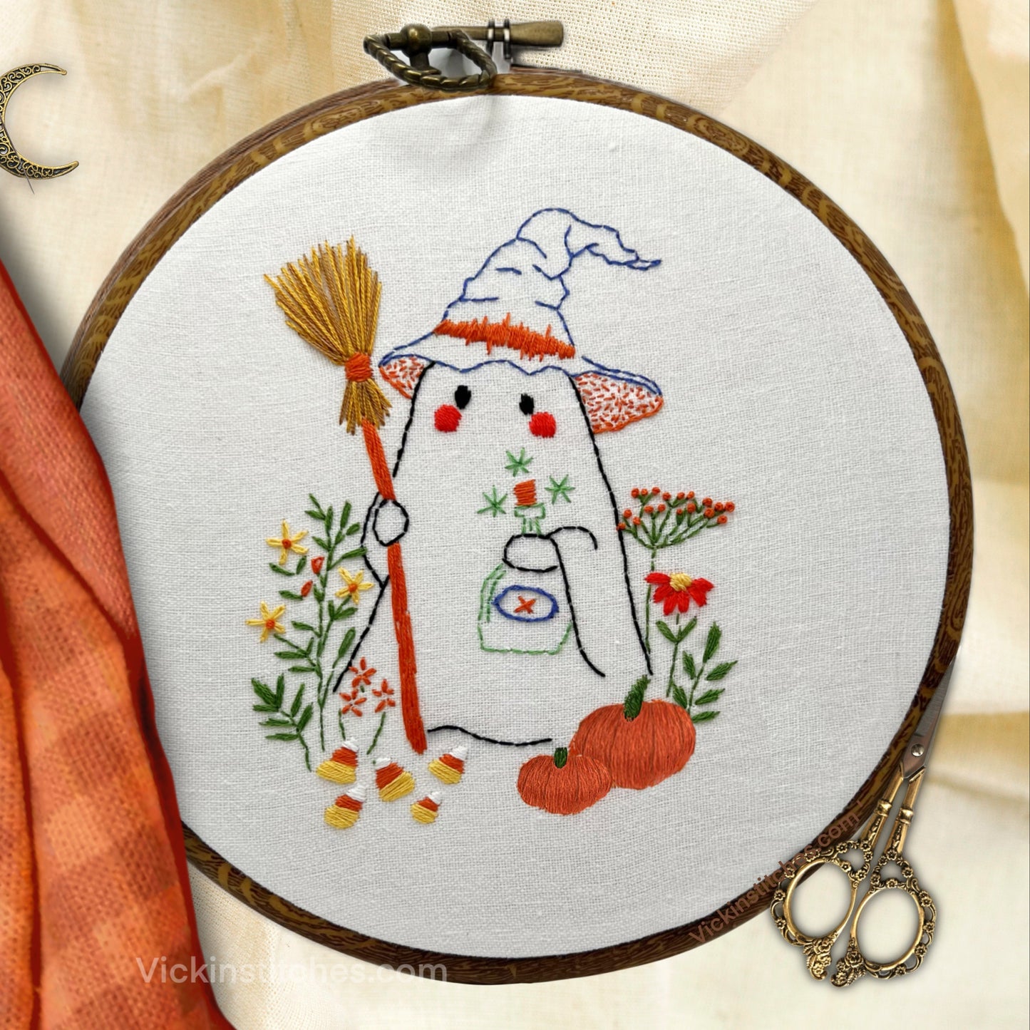 Halloween Embroidery Hoop –Cute Ghost & Pumpkin DIY Harvest Hoop Art – Beginner-Friendly Fall Stitch Kit , Autumn fall easy learn embroidery