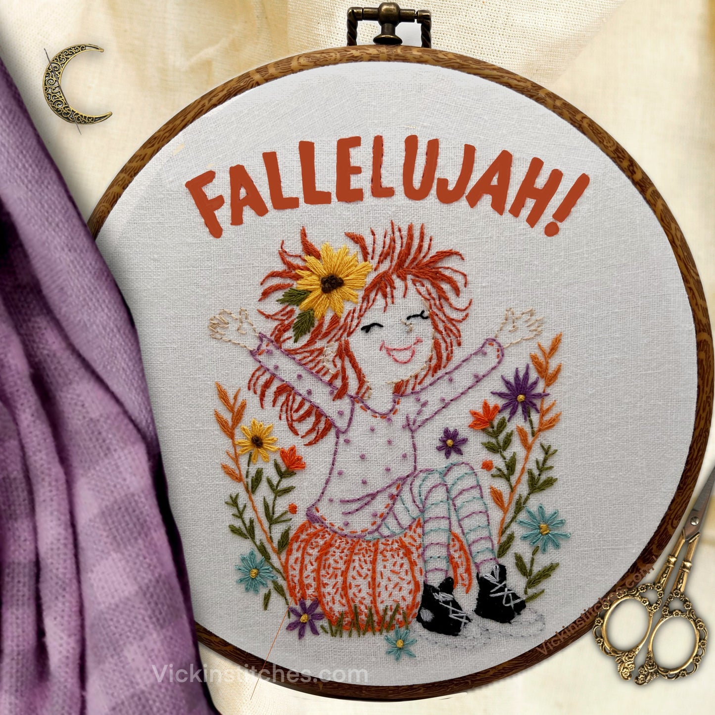 Fallelujah Autumn Girl Embroidery Pattern PDF | Pumpkin & Fall Flowers Hand Embroidery Design