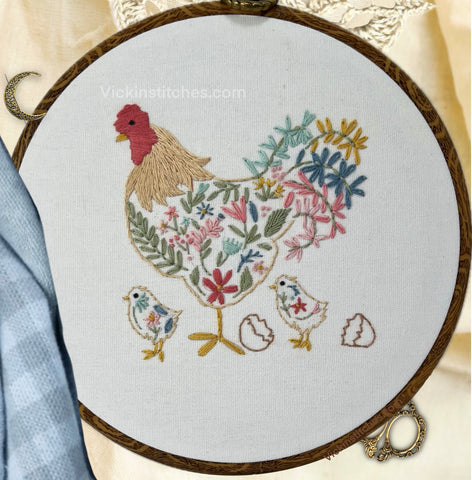 Chicken family sampler, hen and chicks  embroidery kit for beginners, fun simple embroidery