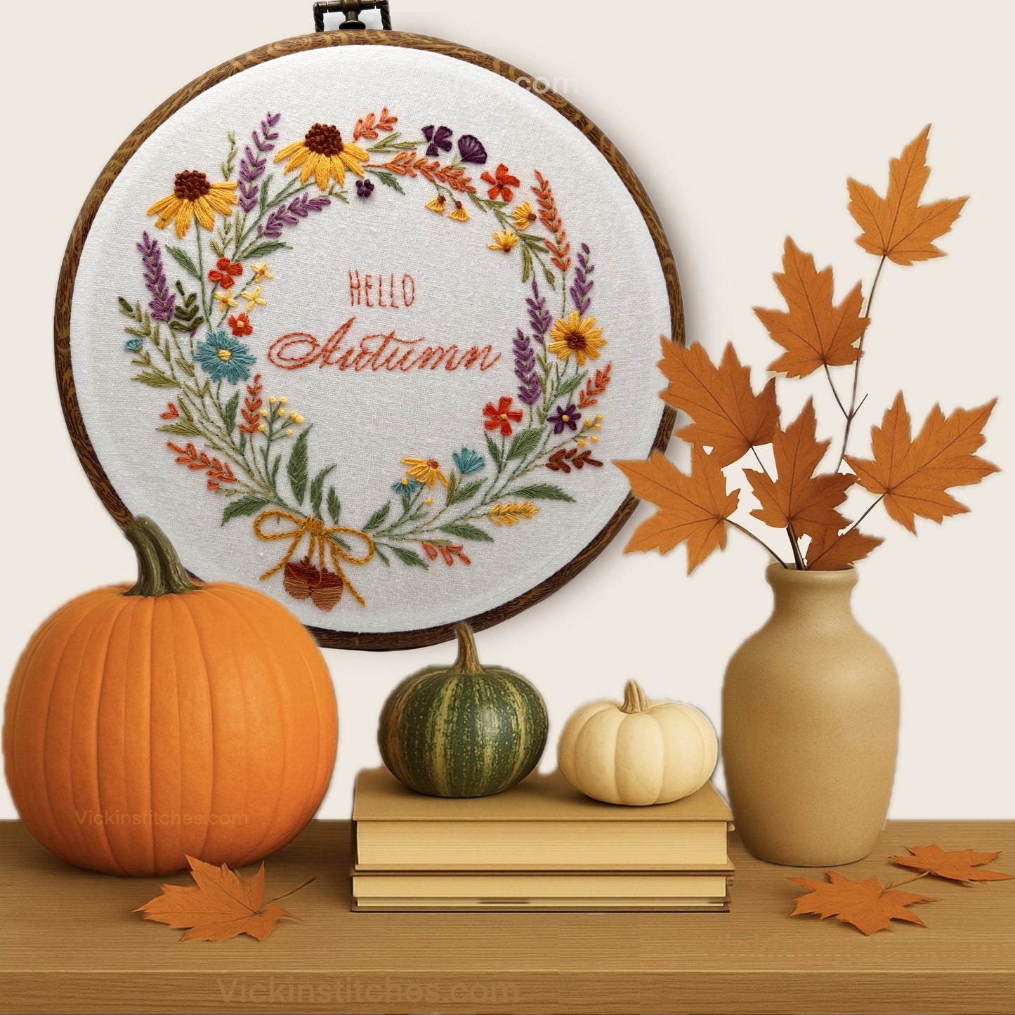Hello Autumn Floral Wreath Embroidery Kit – Beginner Friendly Fall Hand Embroidery Pattern with Cozy Seasonal Bloom