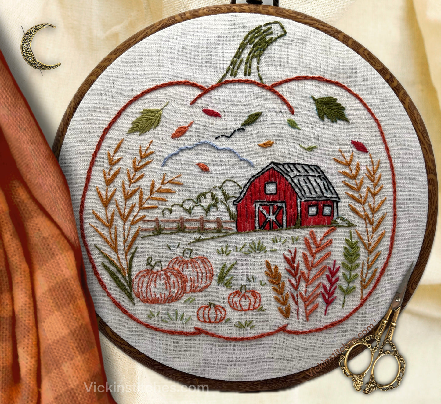 Autumn Barn Pumpkin 8” Hand Embroidery Kit – Beginner Friendly Fall Scene
