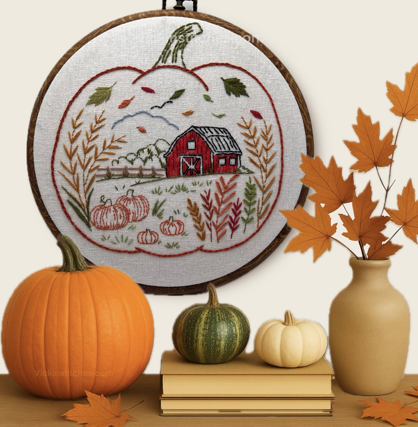 Autumn Barn Pumpkin 8” Hand Embroidery Kit – Beginner Friendly Fall Scene