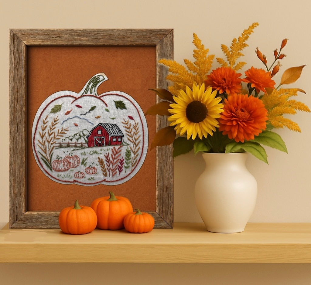 Autumn Barn Pumpkin 8” Hand Embroidery Kit – Beginner Friendly Fall Scene