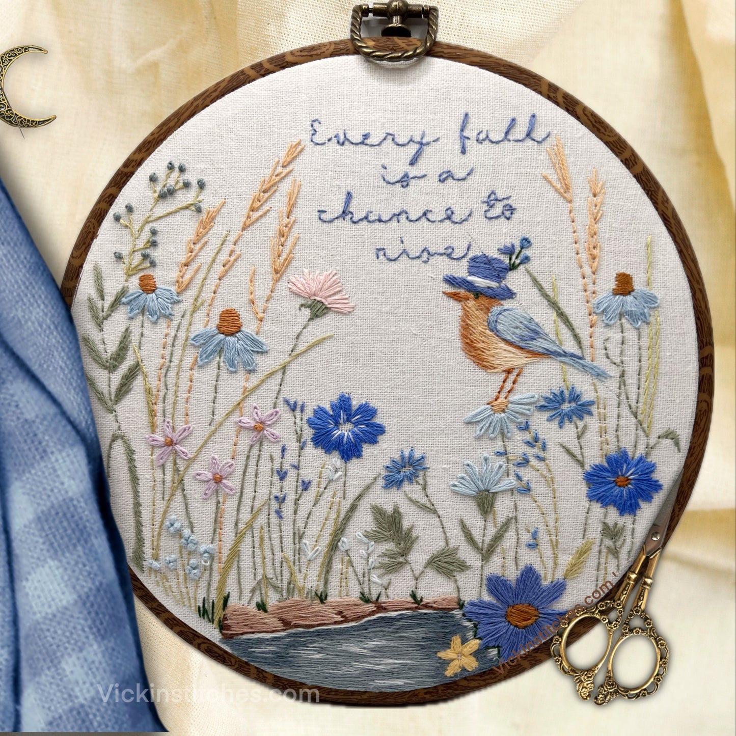 . Bluebird Pond Embroidery Kit • DIY Hand Embroidery Pattern with Flowers & Quote • Beginner Friendly Fall Hoop Art • Inspirational Stitching