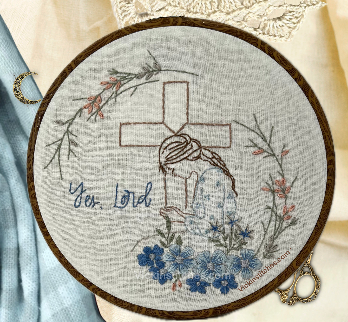 Yes,Lord. Christian embroidery kit for woman of God. Faith wall decor handmade embroidery kit. Woman praying with flowers.