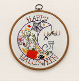Happy Halloween Embroidery Kit 🎃 8” Hoop with Ghost, Black Cat, Pumpkins & Flowers | DIY Hand Embroidery Pattern for Spooky Fall Déco