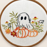 Boo garden ghosts among pumpkins and autumn flowers embroidery kit -8” hoop design