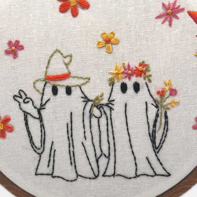 Boho hippy ghost & his “boo” hand embroidery kit design -8” hoop