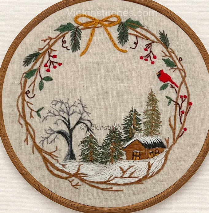 8" Christmas Cabin in the Snowy Woods Wreath Embroidery Kit