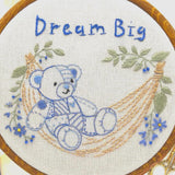 Dream Big Embroidery Kit - Patchwork Teddy Bear in Hammock DIY Hand Stitching Kit - Nursery Hoop Art Gift for Baby Boy Room Decor