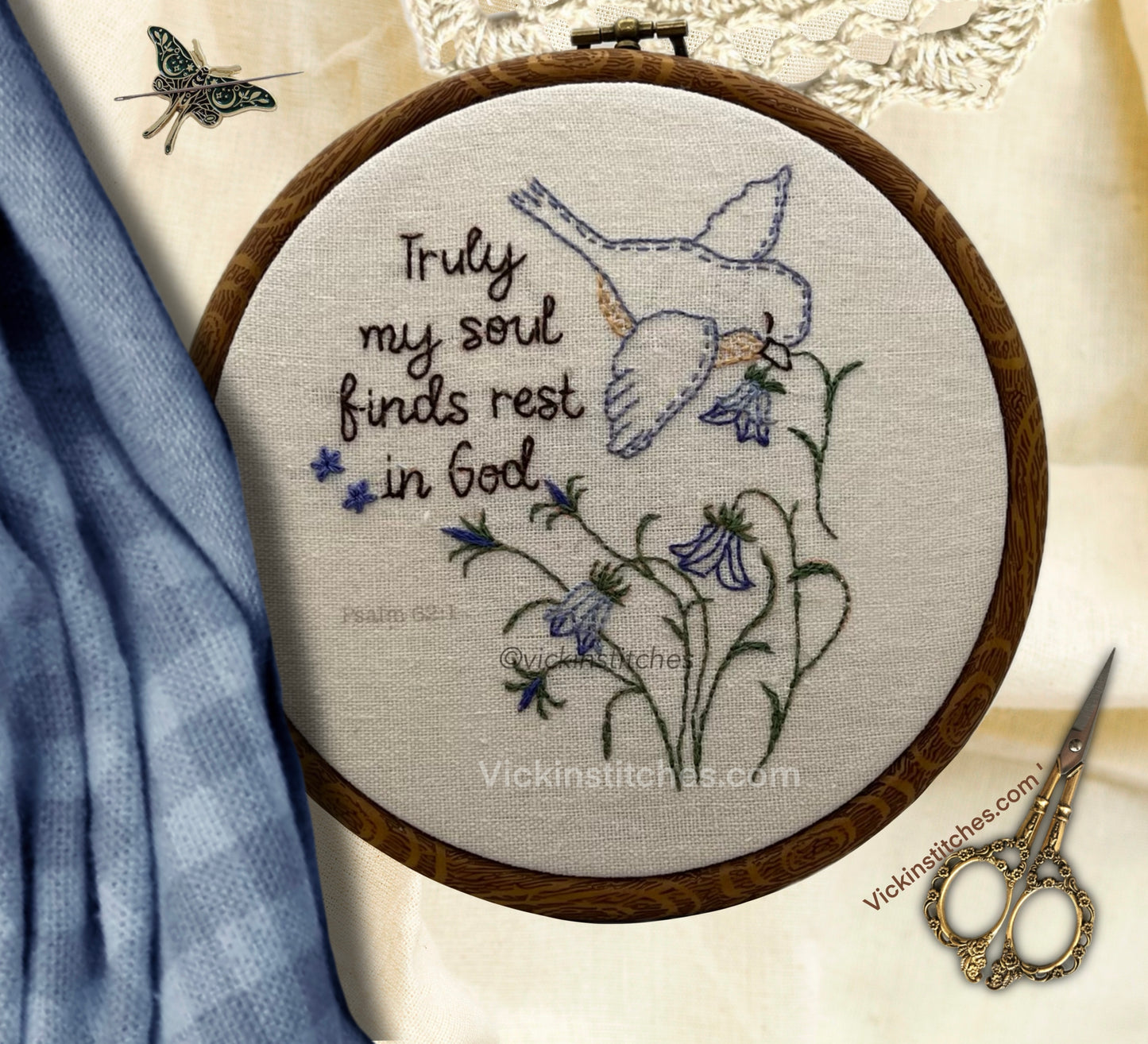 Psalm 62:1 Embroidery Kit – Bird & Floral Faith Art - Vickinstitches