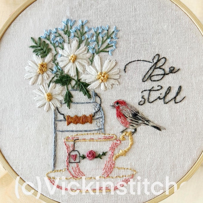 6" Bird and Teacup Floral 'Be Still' Embroidery Kit