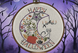 Happy Halloween Embroidery Kit 🎃 8” Hoop with Ghost, Black Cat, Pumpkins & Flowers | DIY Hand Embroidery Pattern for Spooky Fall Déco