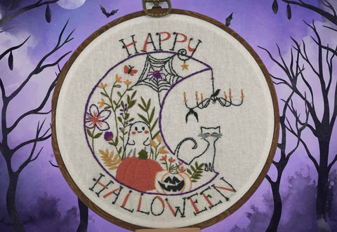 Happy Halloween Embroidery Kit 🎃 8” Hoop with Ghost, Black Cat, Pumpkins & Flowers | DIY Hand Embroidery Pattern for Spooky Fall Déco
