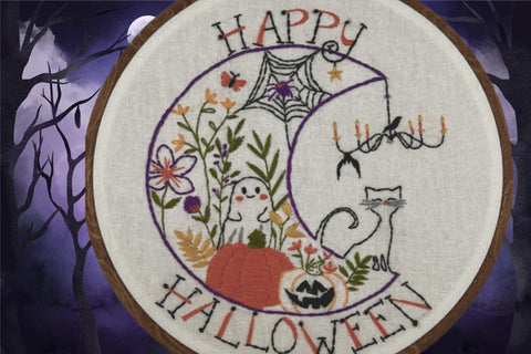 Happy Halloween Embroidery Kit 🎃 8” Hoop with Ghost, Black Cat, Pumpkins & Flowers | DIY Hand Embroidery Pattern for Spooky Fall Déco