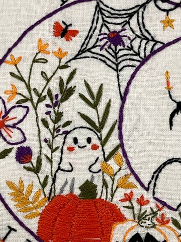 Happy Halloween Embroidery Kit 🎃 8” Hoop with Ghost, Black Cat, Pumpkins & Flowers | DIY Hand Embroidery Pattern for Spooky Fall Déco