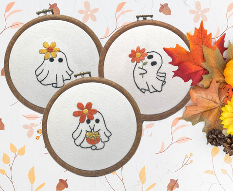 The Boo Crew! A set of three adorable ghost embroidery kits. Colorful fun to stitch 5” designs.