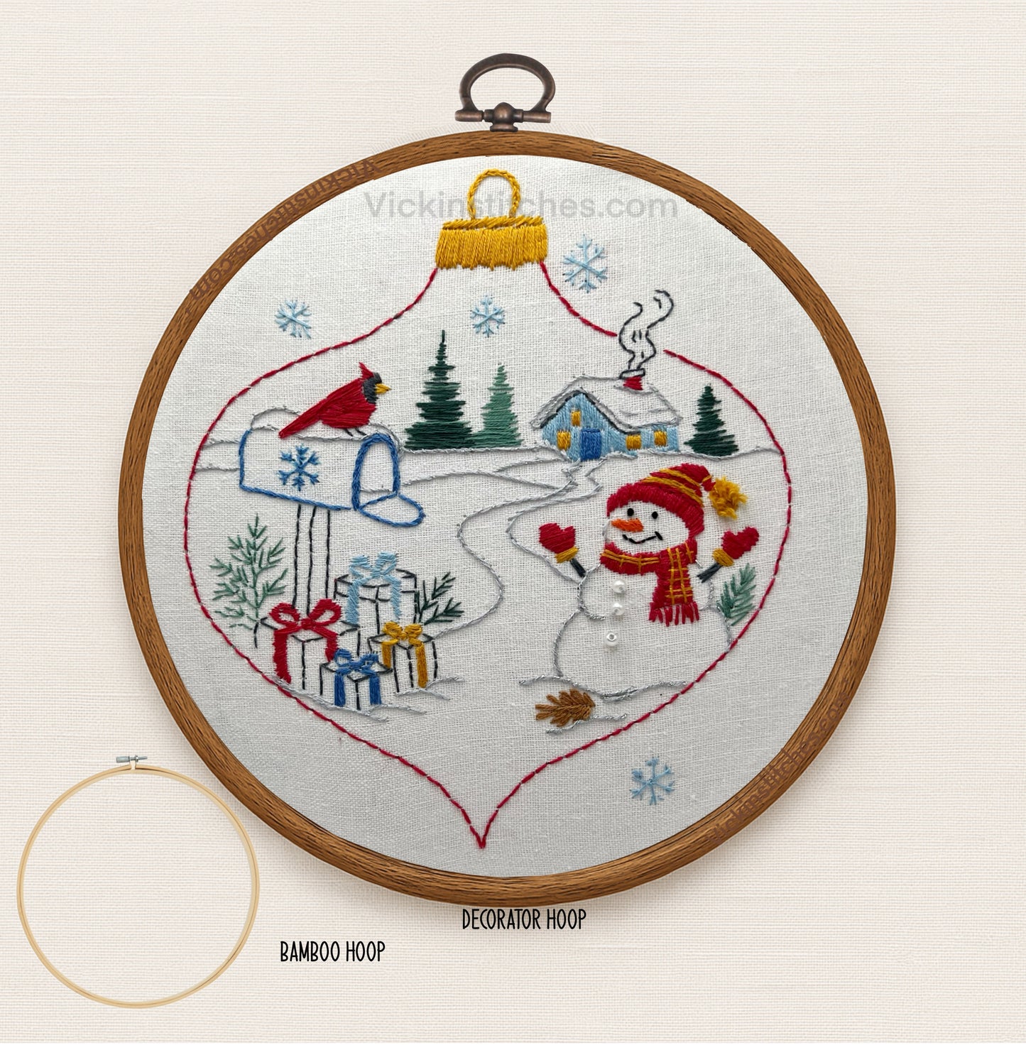 Snowman Ornament Embroidery Kit | Cozy Winter landscape cardinal Scene