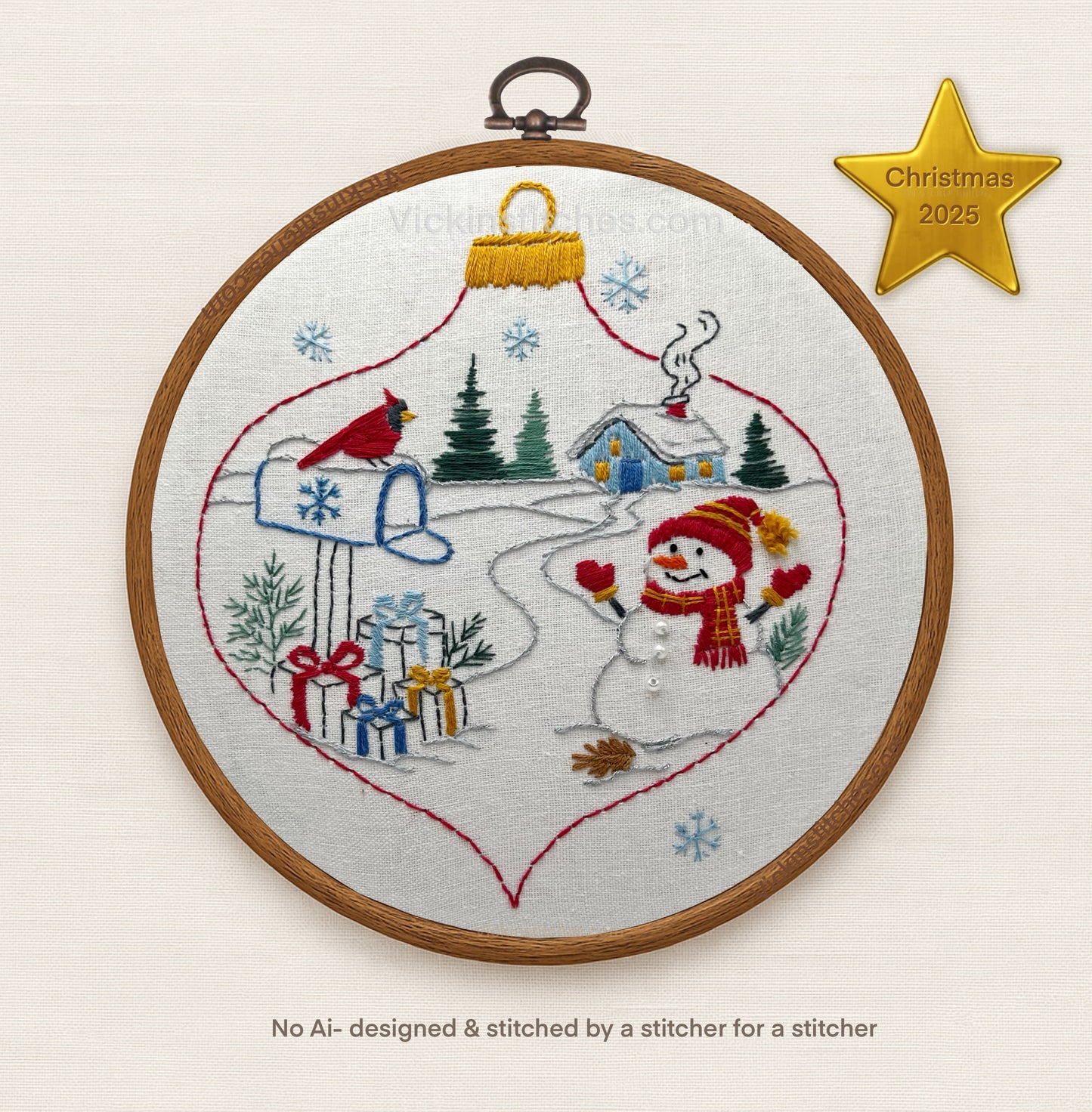 Snowman Ornament Embroidery Kit | Cozy Winter landscape cardinal Scene
