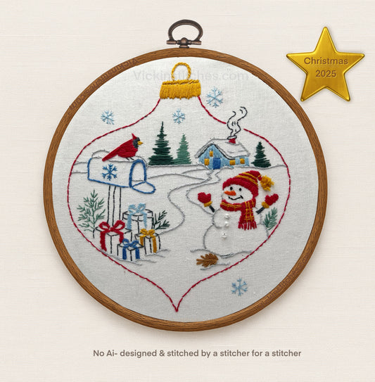 Snowman Ornament Embroidery Kit | Cozy Winter landscape cardinal Scene