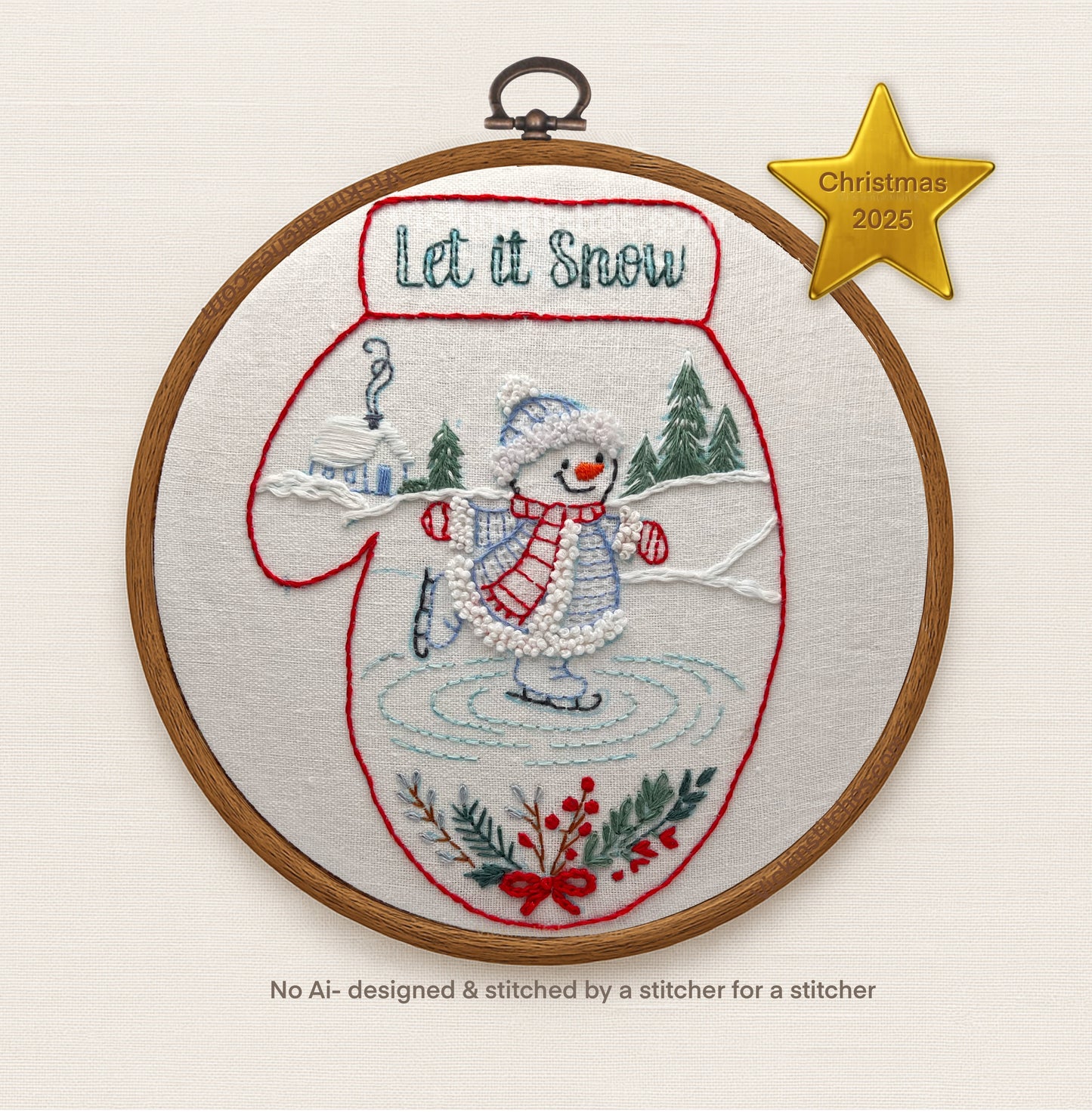 Let It Snow Embroidery Kit | Ice Skate Snowman Stitch | Christmas Décor