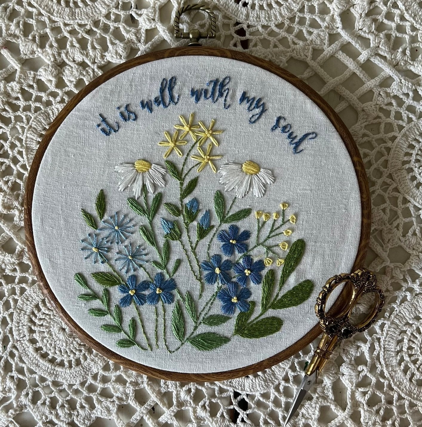 It’s is well with my soul Embroidery kit in blues. Field of flowers in blue.