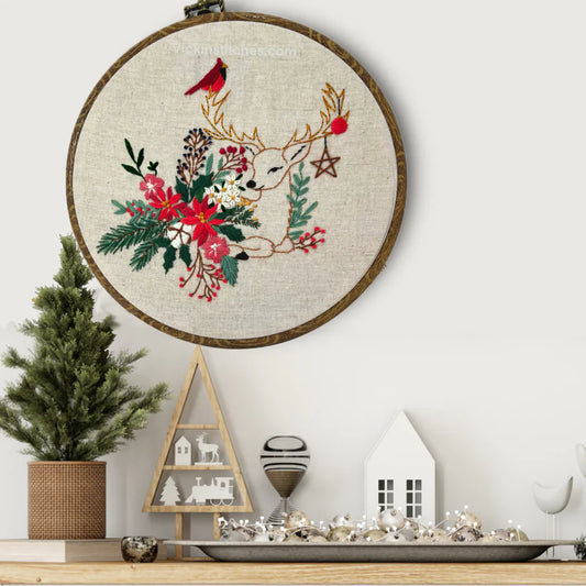 Christmas floral with reindeer hand embroidery design kit for beginners