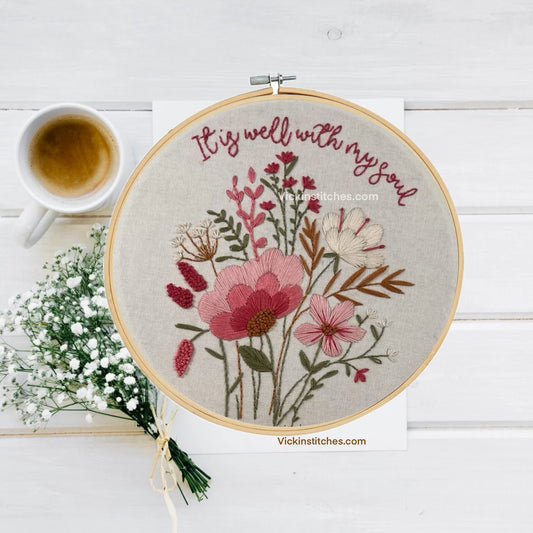 Craft Peace| It Is Well with My Soul Pink Floral Embroidery Kit for Beginners