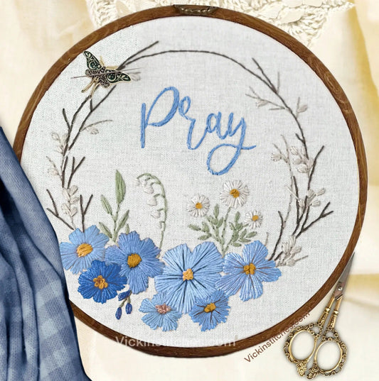 Christian Embroidery Kit – 8" Pray Floral Wreath for Faith-Inspired Stitching