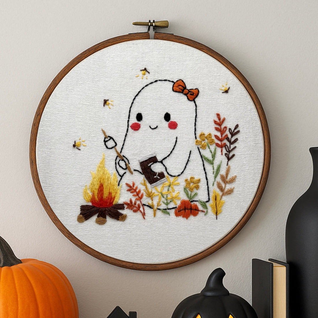 Halloween Ghost S’mores Campfire Embroidery Hoop – Cute Fall Stitch Kit | Beginner-Friendly Autumn Art for Spooky Season
